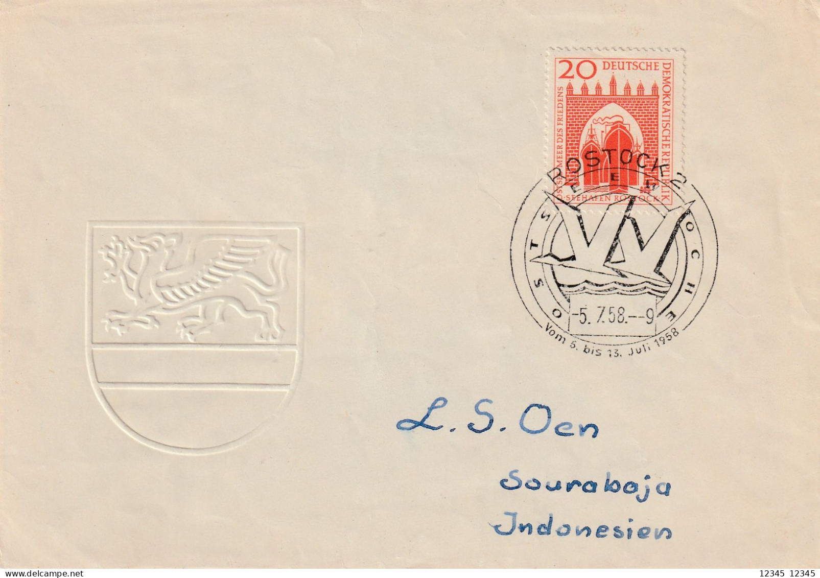 DDR 1958, FDC Used, Seven Towers (landmarks Of Rostock), Ocean-going Ships - 1950-1970