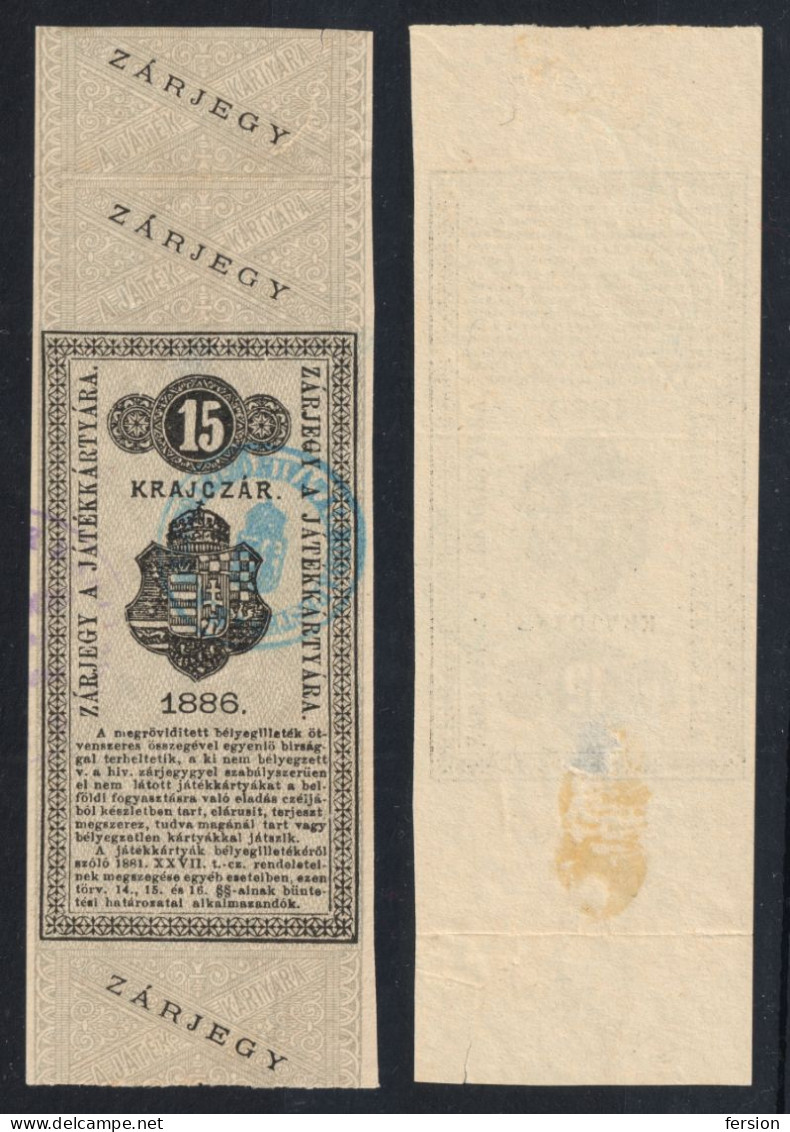 Playing Cards CARD - REVENUE Fiscal TAX Stripe Seal - Used - HUNGARY 1886 - 15 Kr. - POSTMARK - Fiscaux