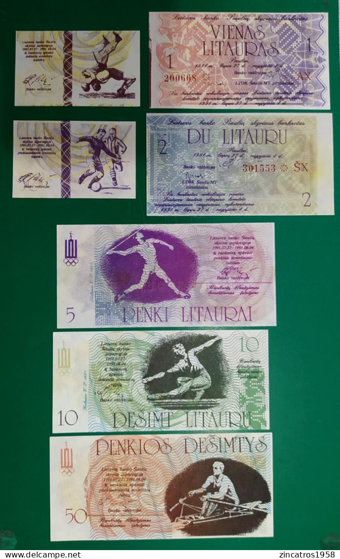 Lithuania / Complete Set Collection Olympic Banknotes 1991 / 10 + 50 Centauru / 1 + 3 + 5 + 10 + 50 Litauru UNC ++ - Lithuania