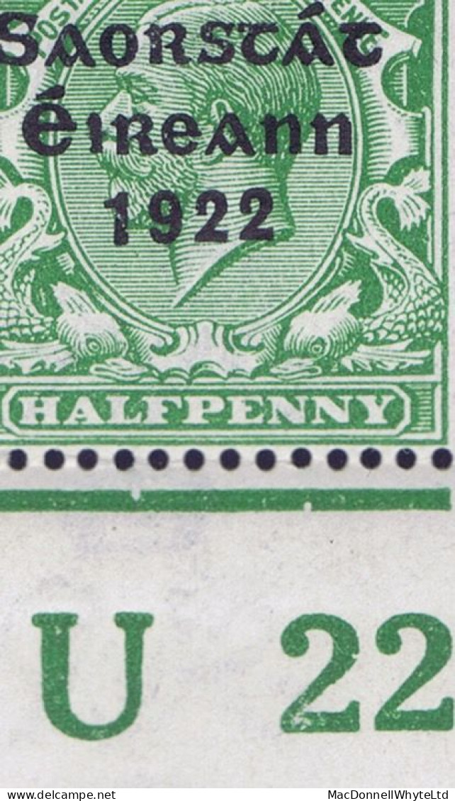 Ireland 1922-23 Thom Saorstát 3-line Overprint In Blue-black On ½d Green Corner Block Of 48 Control U22 Imperf Plate 2 - Unused Stamps