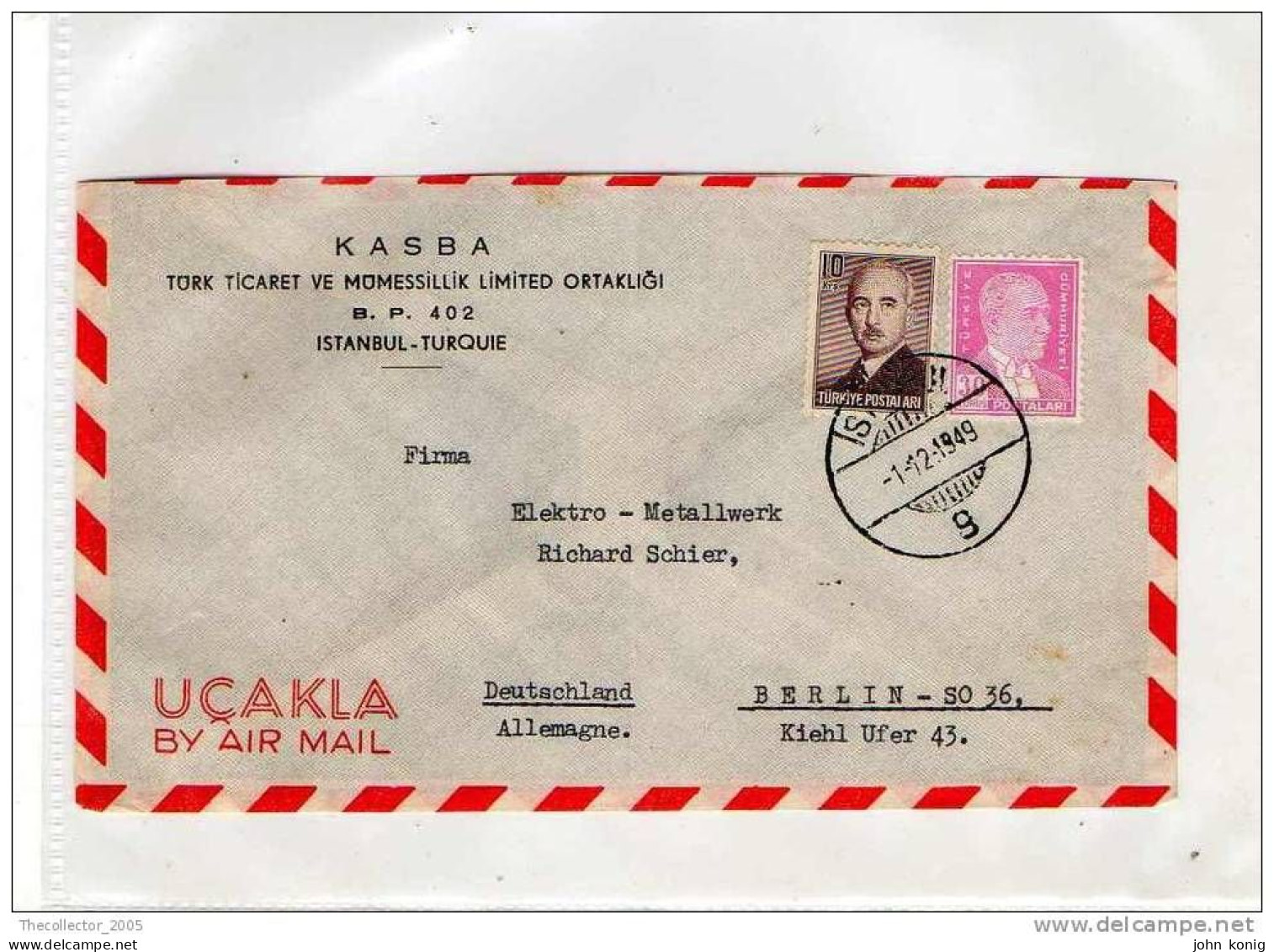 LETTERA ANNI '50 DA TURCHIA A GERMANIA (BERLINO) - LETTER (OF '50s) FROM TURKEY TO GERMANY-BERLIN - FDC