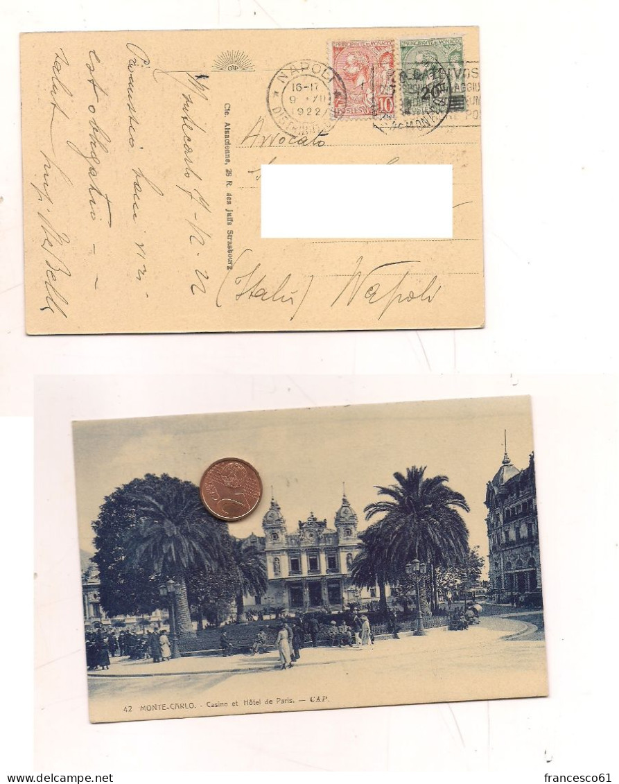 4829) PRINCIPATO DI MONACO 1922 STAMPS Overprint Card To Naples - Briefe U. Dokumente