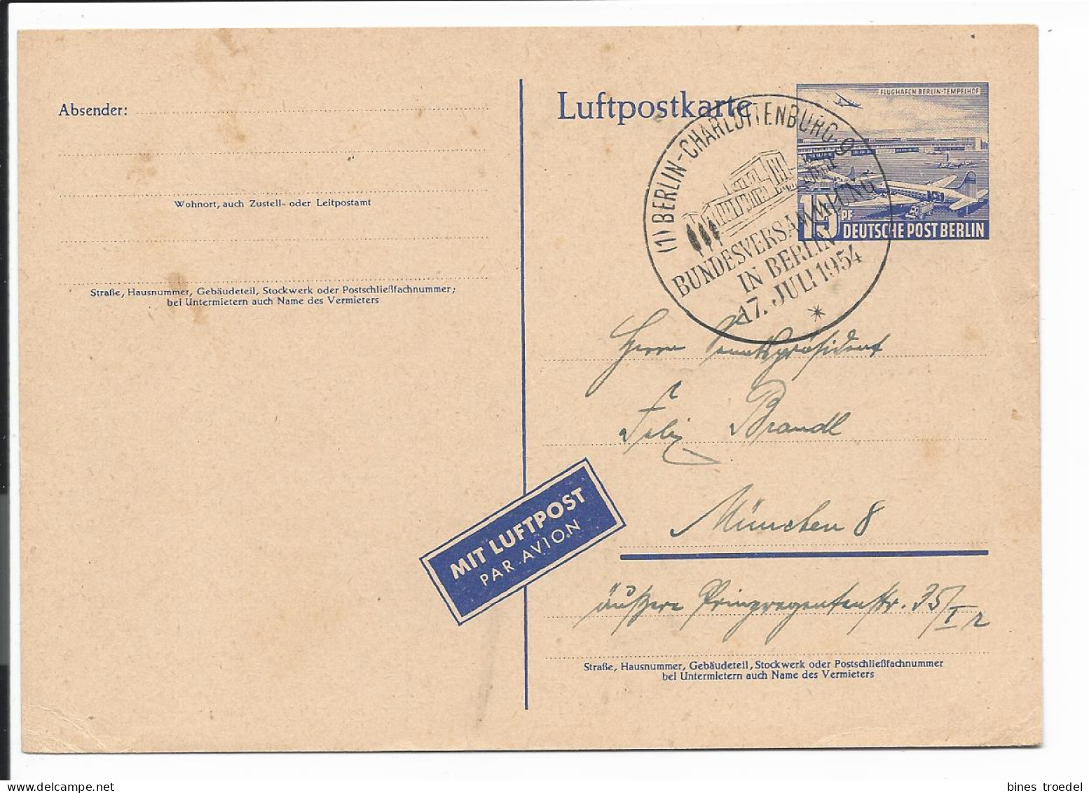 Berlin P 16 - 15 Pf Tempelhof M. Blko Sonderstempel Berlin-Charlottenburg 'Bundesversammlung 17.7.54' - Cartes Postales - Oblitérées