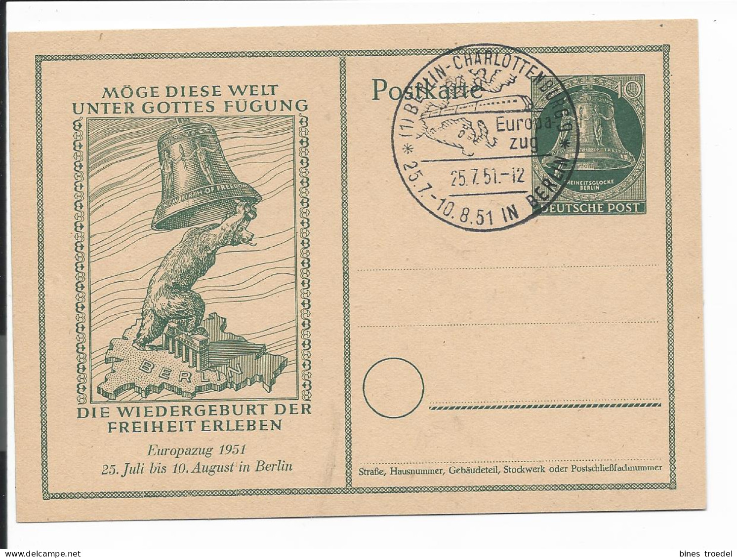 Berlin P 25 - 10 Pf Glocke Europazug 1951 M. Passendem Blko Sonderstempel Charlottenburg  - Postales - Usados