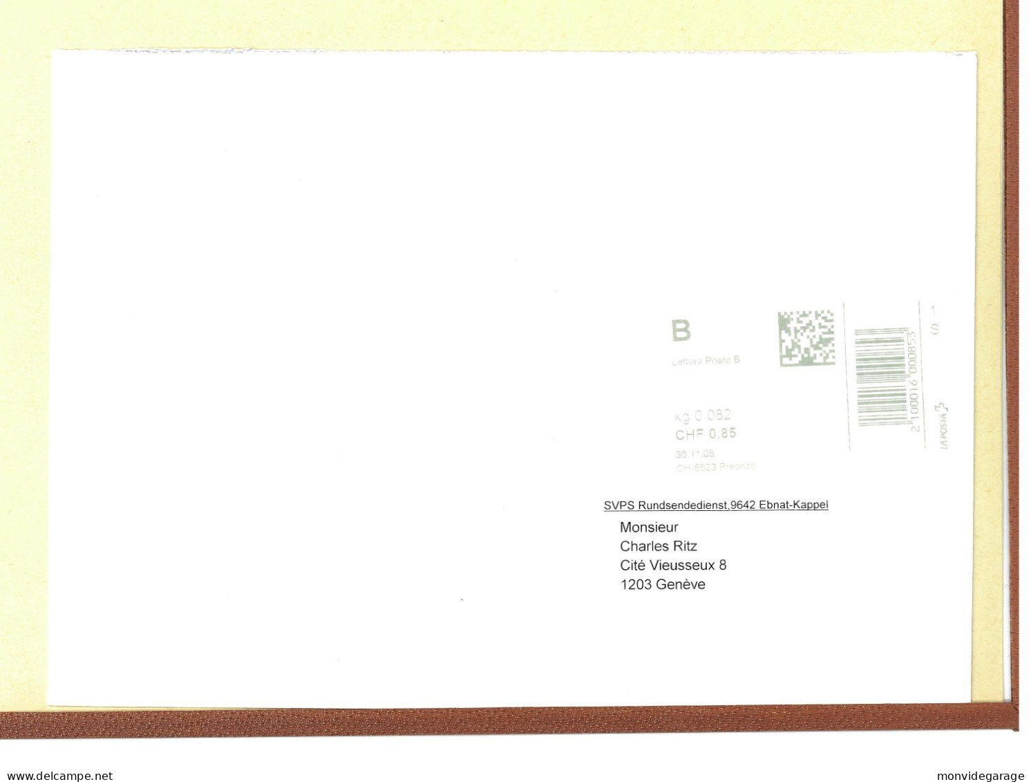 Lettre Suisse à Identifiée - Lettera Poste B - 30 11 2008 - Marron 006 - Brieven En Documenten