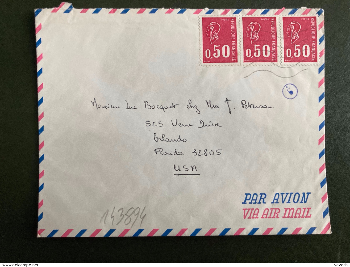 LETTRE Par Avion Pour USA TP M DE BEQUET 0,50 X3 OBL.MEC. - 1971-1976 Marianne De Béquet