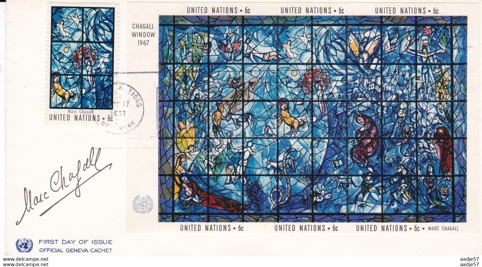 United Nations - New York 1967 FDC Cover - Memorial Window By Marc Chagall - Scott # 179 - Full Souvenir Sheet - Glasses & Stained-Glasses