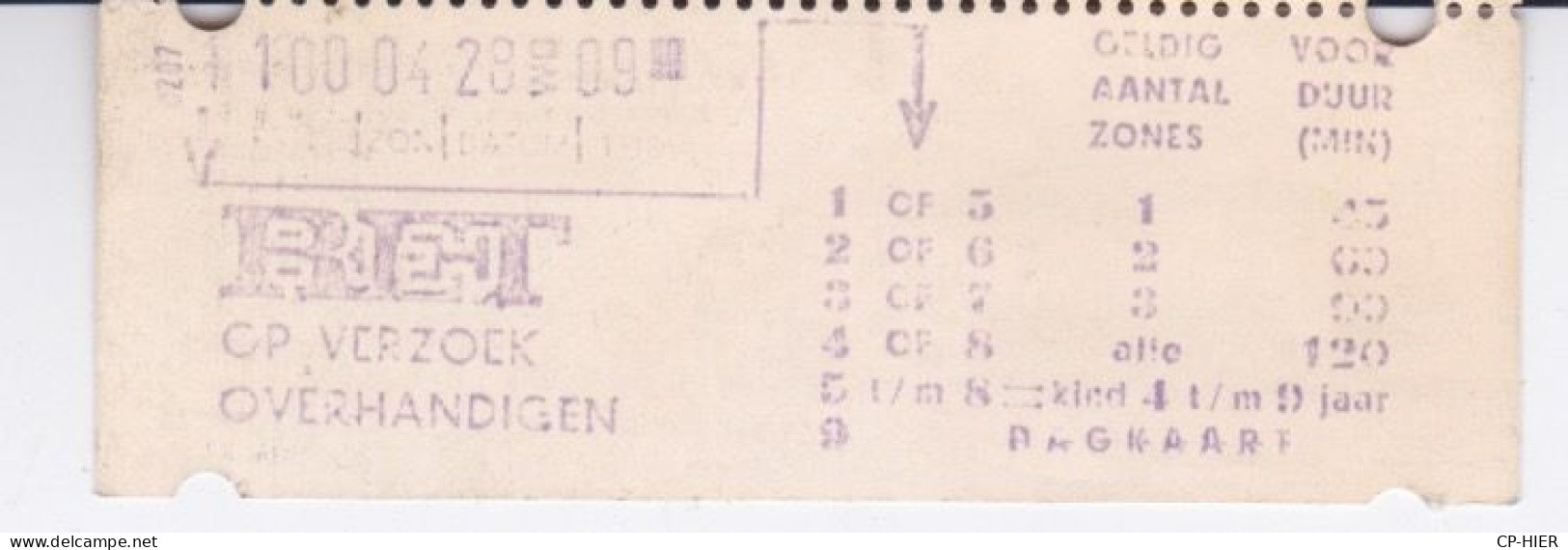 TICKET - HOLLAND PAYS-BAS - HOLLANDE - METRO BUS TRAMWAY  HTM -  RFT CP VERZOCK OVERHANDIGEN  MODELE 49 - Europe