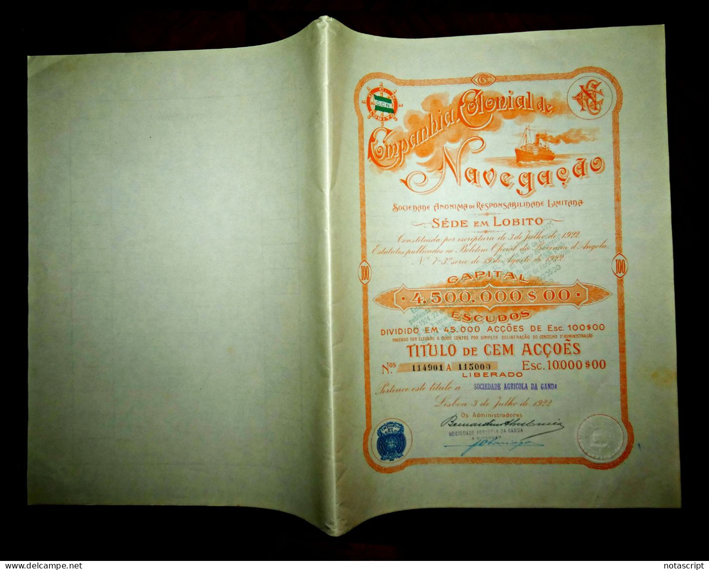 COMPANHIA COLONIAL  DE NAVEGAÇAO SA ,Lobito (Portuguese Angola)    1922 share Certificate - Scheepsverkeer