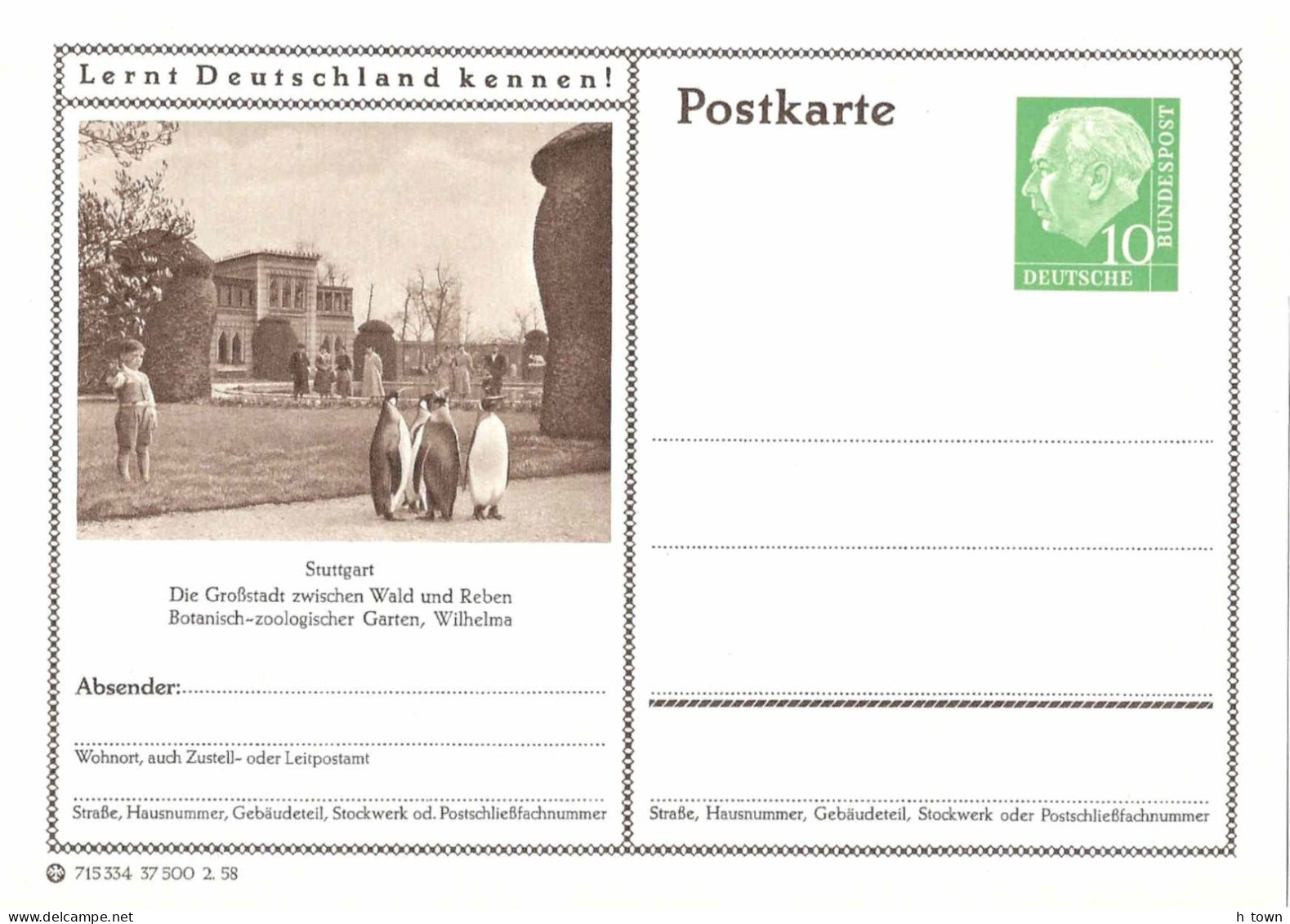 619  Zoo Stuttgart, Manchot Pingouin: Entier (c.p.) D'Allemagne, 1958 -  Penguin Stationery Postcard From Germany - Penguins