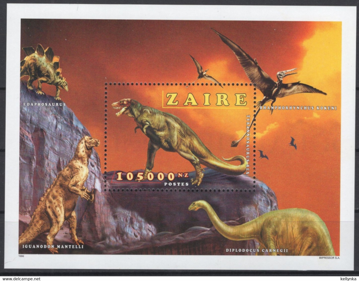 Zaire - BL79 - Animaux Préhistoriques - Dinosaures - 1996 - MNH - Ungebraucht