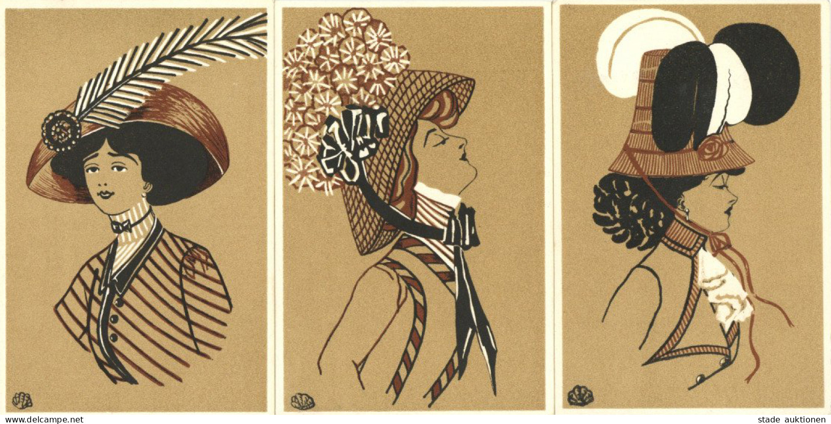 Jugendstil Lot Mit 3 Unsignierten Künstlerkarten Frauen Mit Hut I-II Art Nouveau Femmes - Autres & Non Classés