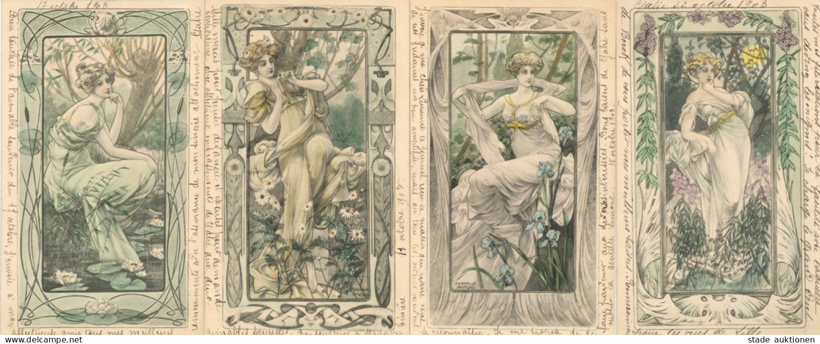 Pinkawa, Anton Lot Mit 4 Künstlerkarten Jugendstil Frauen I-II Art Nouveau Femmes - Sonstige & Ohne Zuordnung