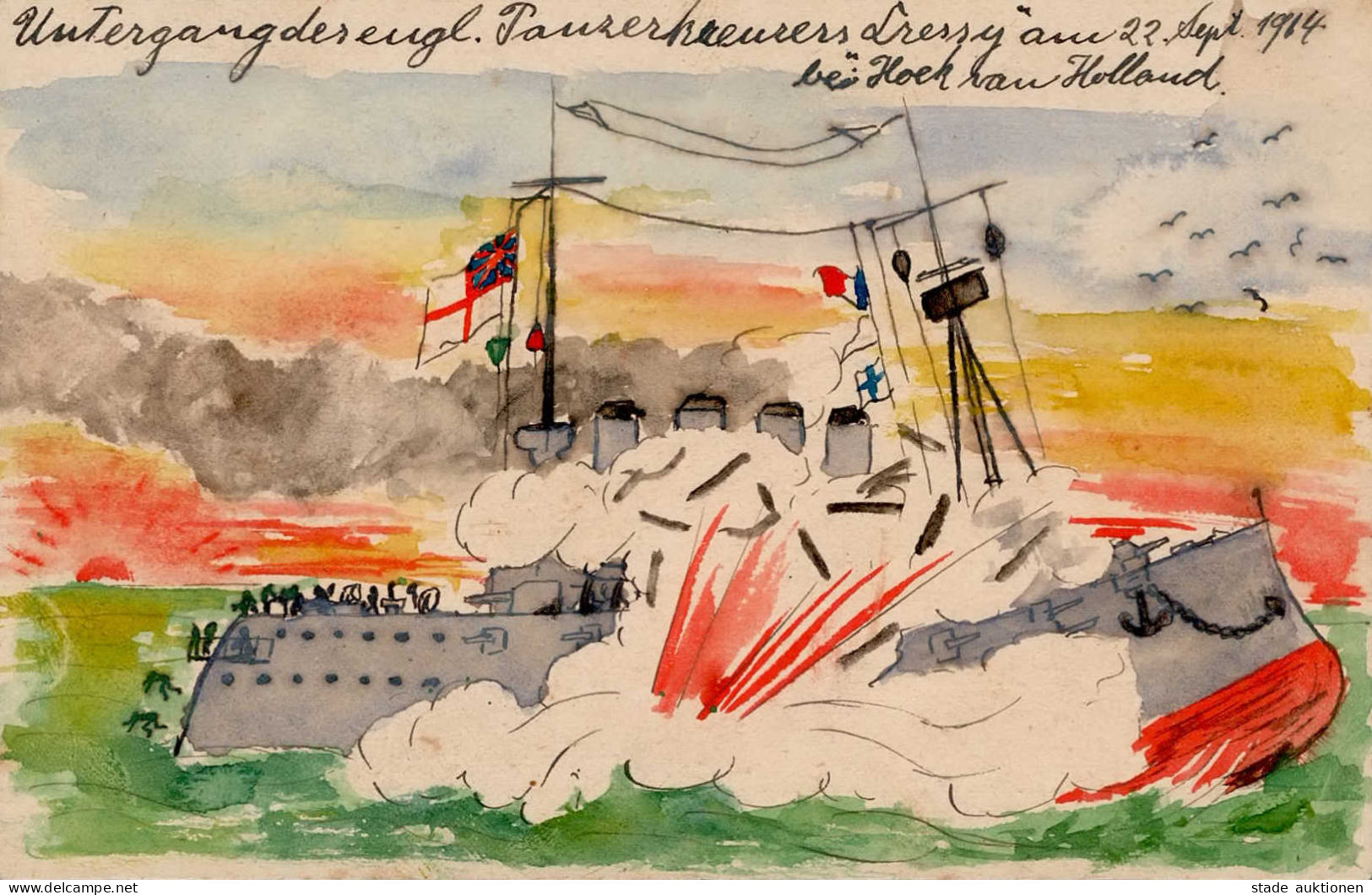 HANDGEMALT - Untergang Des Englischen Panzerkreuzer Dressy 22.9.1914 Vor Holland I-II - Sonstige & Ohne Zuordnung