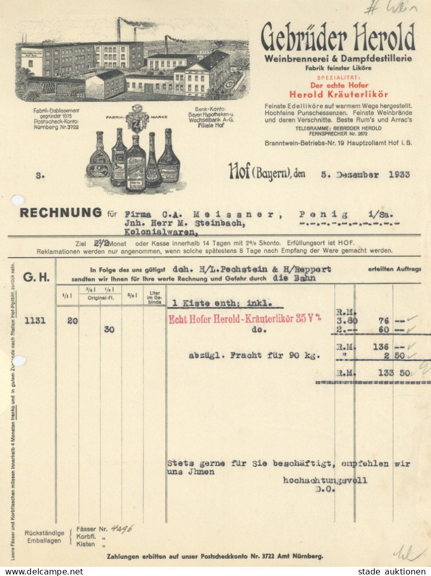 Wein Hof Bayern Fabrik Gebrüder Herold  Rechnung Von 1933 I-II (gelocht) Vigne - Sonstige & Ohne Zuordnung