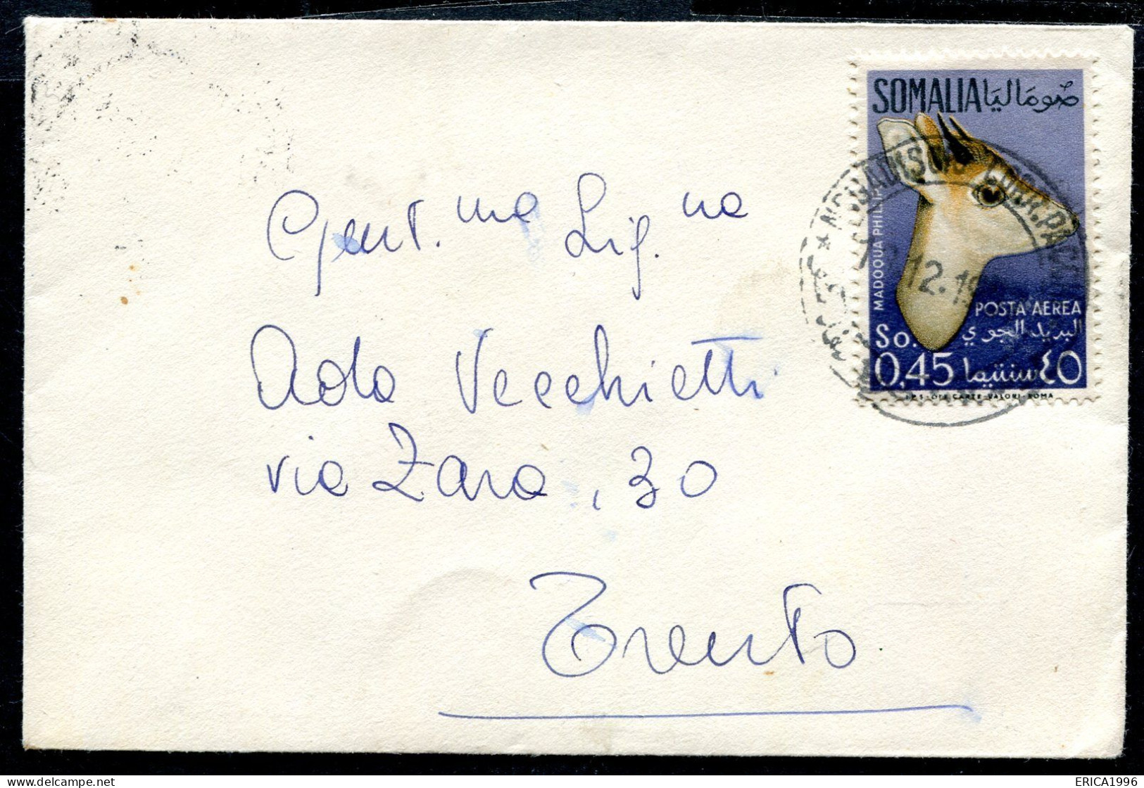 Z3629 SOMALIA AFIS 1955 Lettera Di Piccolo Formato Affrancata Con 45 C. Animali Posta Aerea (Sassone 27), Da Mogadiscio - Somalia (AFIS)