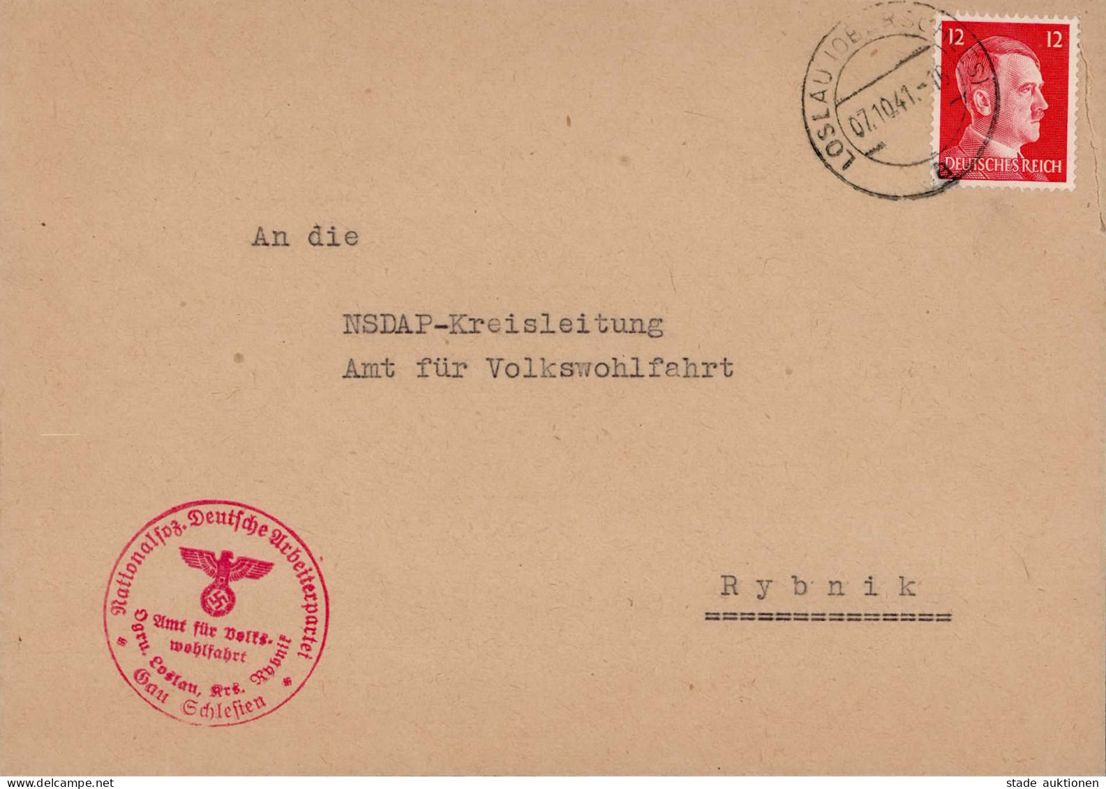 NSDAP Amt Für Volkswohlfahrt Loslau Kreis Rybnik Schlesien 1941 - War 1939-45