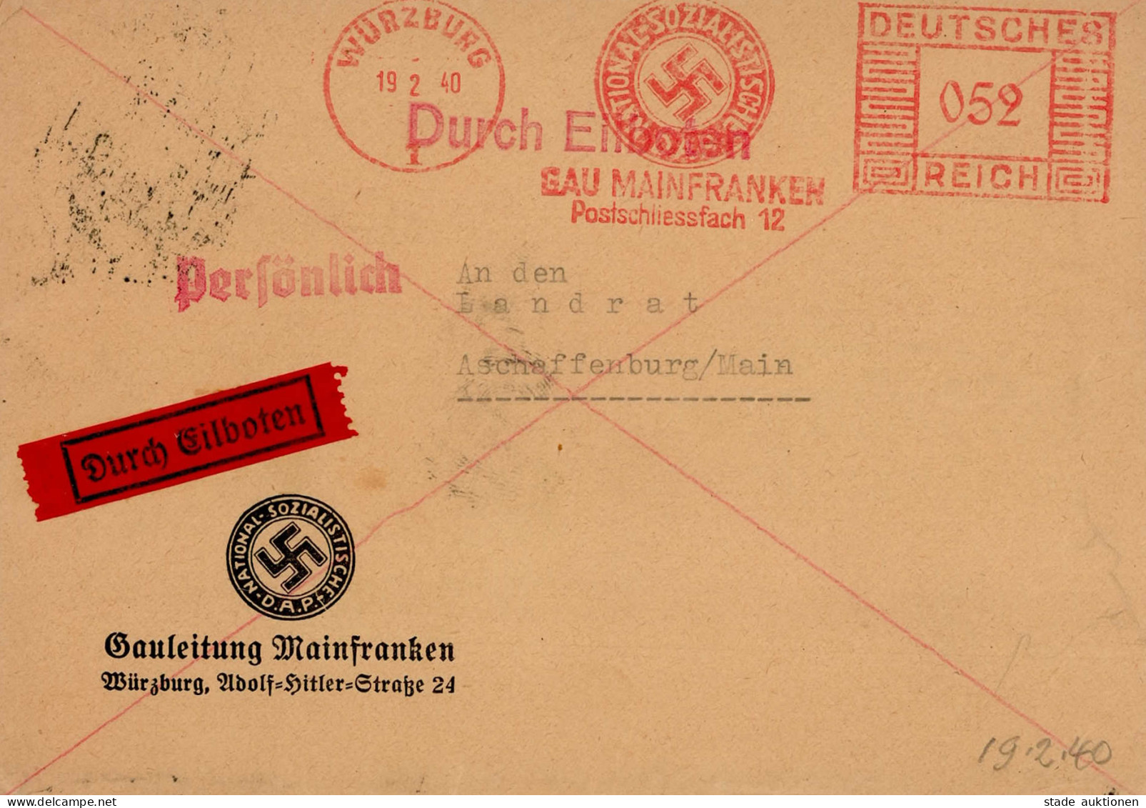 NSDAP Gauleitung Mainfranken Würzburg Freistempler Eilboten 1940 I-II - War 1939-45