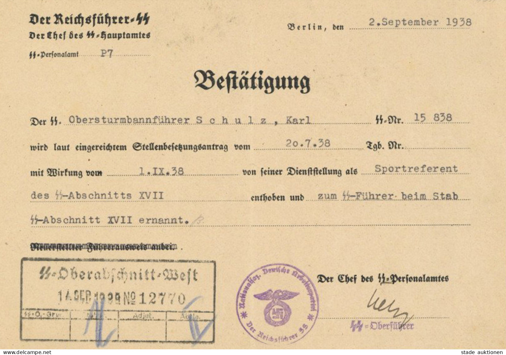 SS Bestädigungsschreiben Von Obersturmbannführer Schulz, Karl Zur Ernennung Vom Sportreferent Zum SS-Führer Beim Stab SS - Oorlog 1939-45