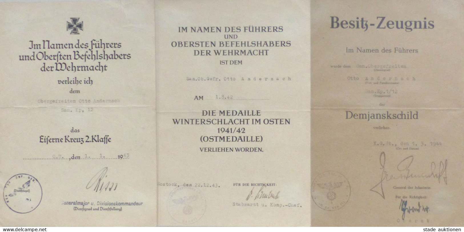 Verleihungsurkunden Ostmedaille, Eiserne Kreuz 2. Kl. Und Demjanskschild I-II - Oorlog 1939-45