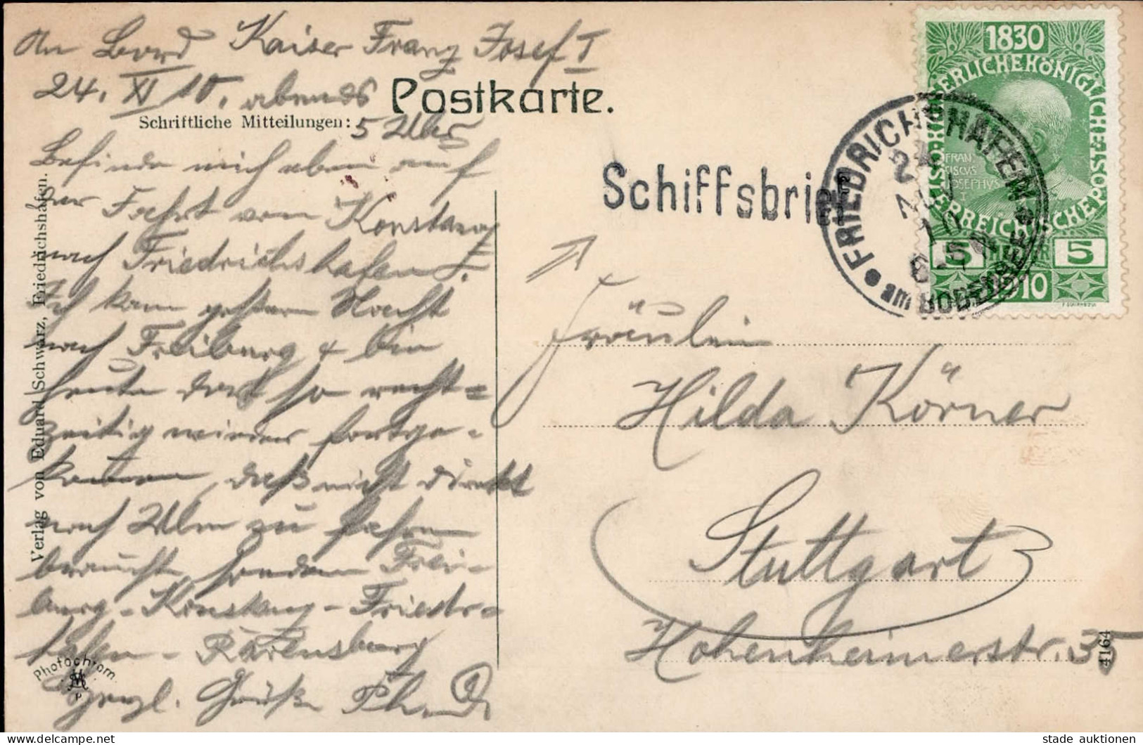 BODENSEESCHIFFSPOST - Lang-o SCHIFFSBRIEF Auf Ak Bodenseedampfer Kaiser Franz Josef O Friedrichshafen 1910 I - War 1914-18