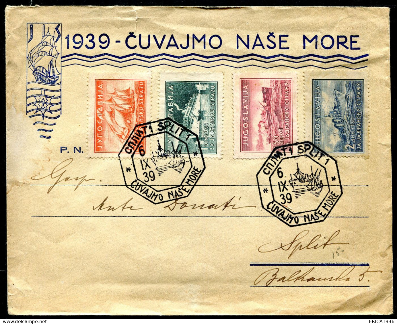 Z3643 JUGOSLAVIA 1939 FDC Guardia Sull'Adriatico (Cuvajmo Nase More), Serie Completa Su Busta Con Annullo Primo Giorno E - FDC