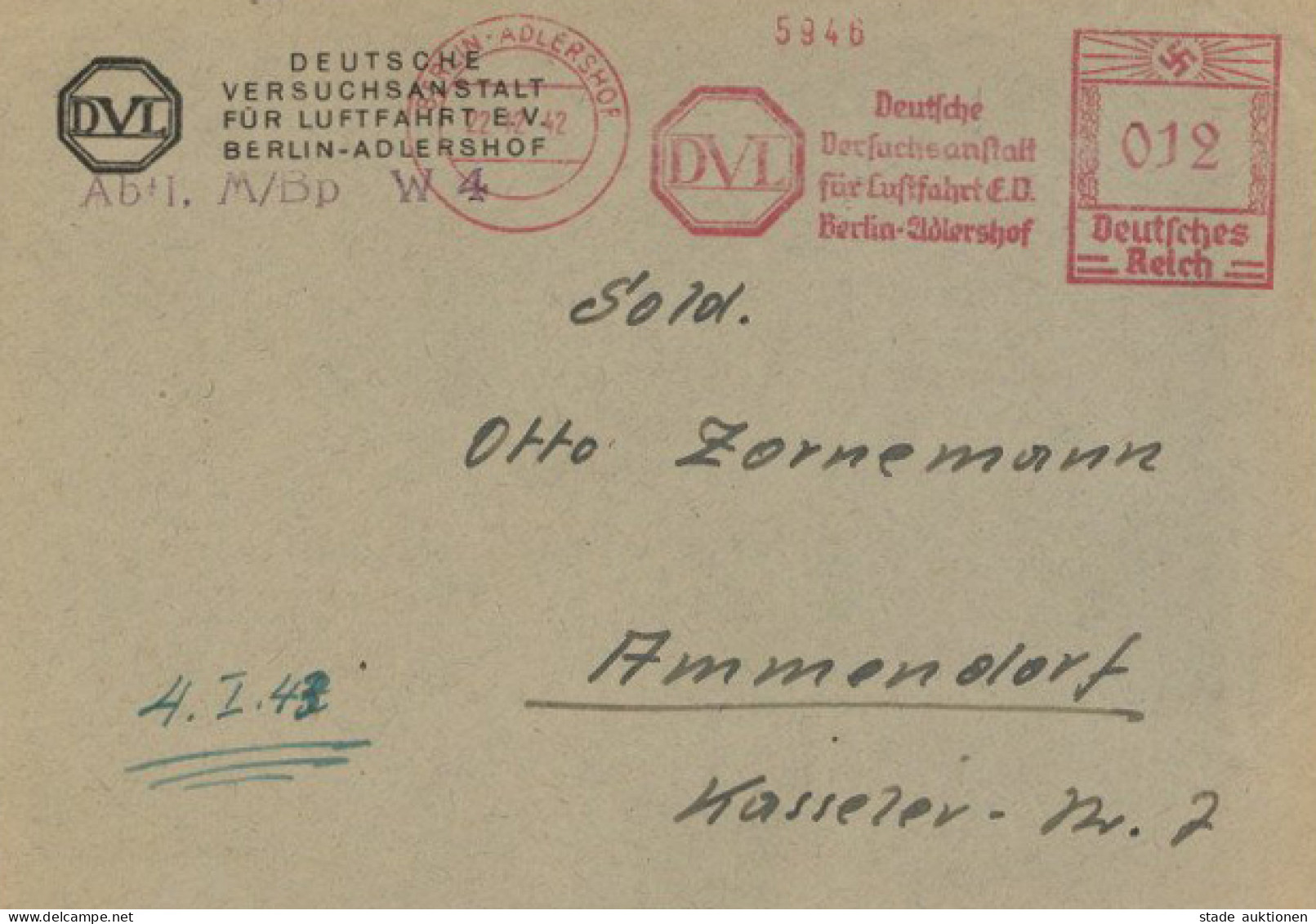 BERLIN-ADLERSHOF - Brief D. DEUTSCHEN VERSUCHSANSTALT Für LUFTFAHRT E.V. Berlin-Adlershof Mit Entspr. Franco-o V. 22.12. - Weltkrieg 1914-18