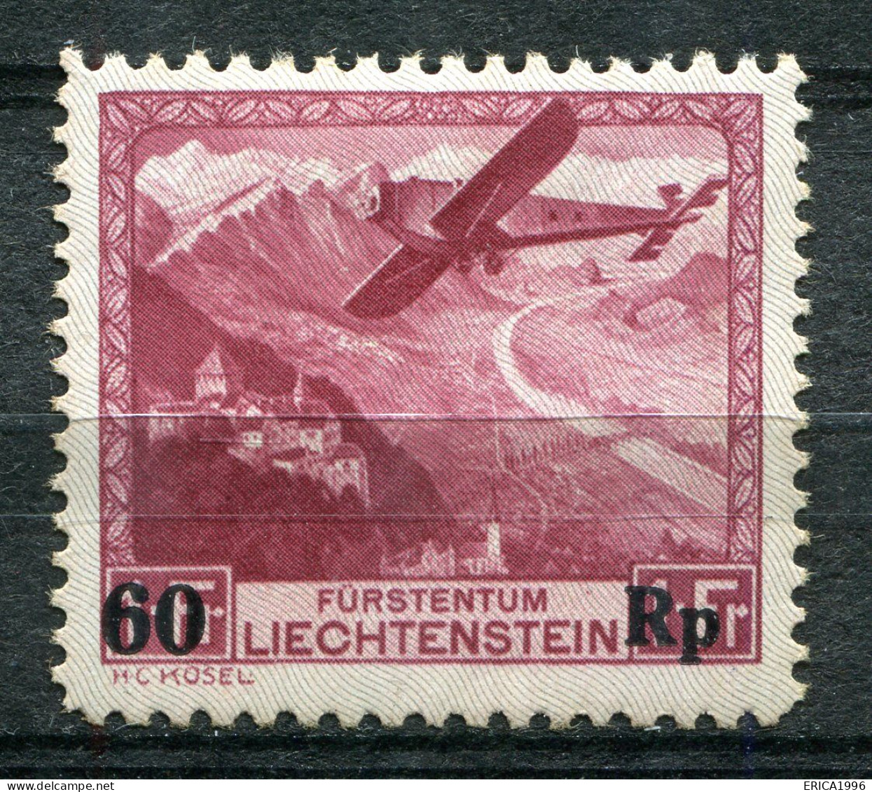 Z3720 LIECHTENSTEIN 1935 Posta Aerea Aereo In Volo, Soprastampato 60 R. Su 1 Fr., MH*, Valore Catalogo Unificato € 50, O - Poste Aérienne