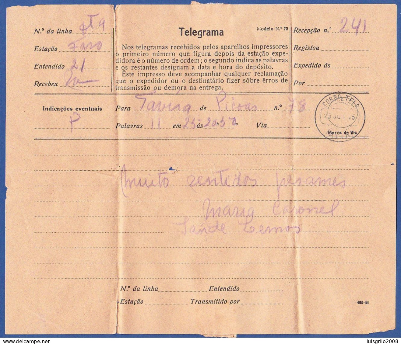 Telegram/ Telegrama - Picoas > Tavira -|- Postmark - Tavira, 1935 - Brieven En Documenten
