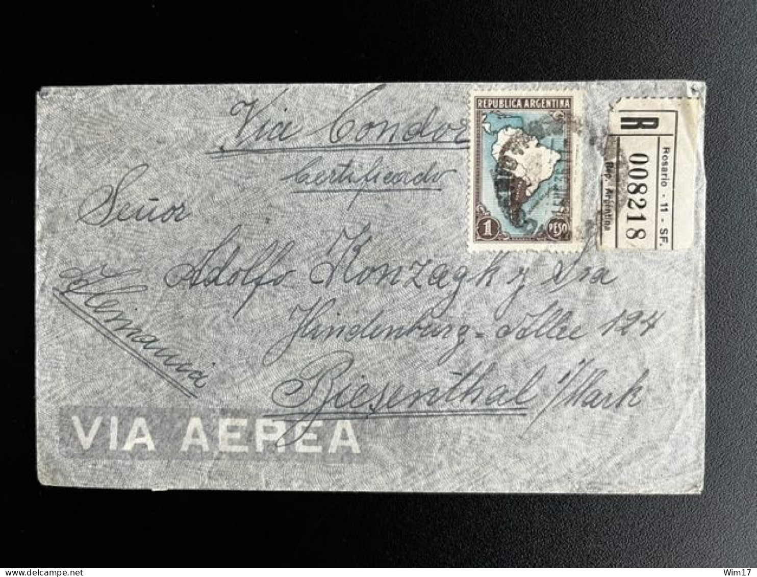 ARGENTINA 1936 REGISTERED AIR MAIL LETTER ROSARIO TO BIESENTHAL 21-01-1936 AIRMAIL CONDOR - Brieven En Documenten