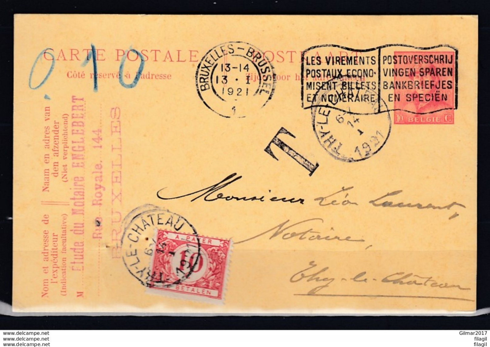 Postkaart Van Bruxelles-Brussel 1 Naar Thy-Le-Chateau Met Taksstempel - Lettres & Documents