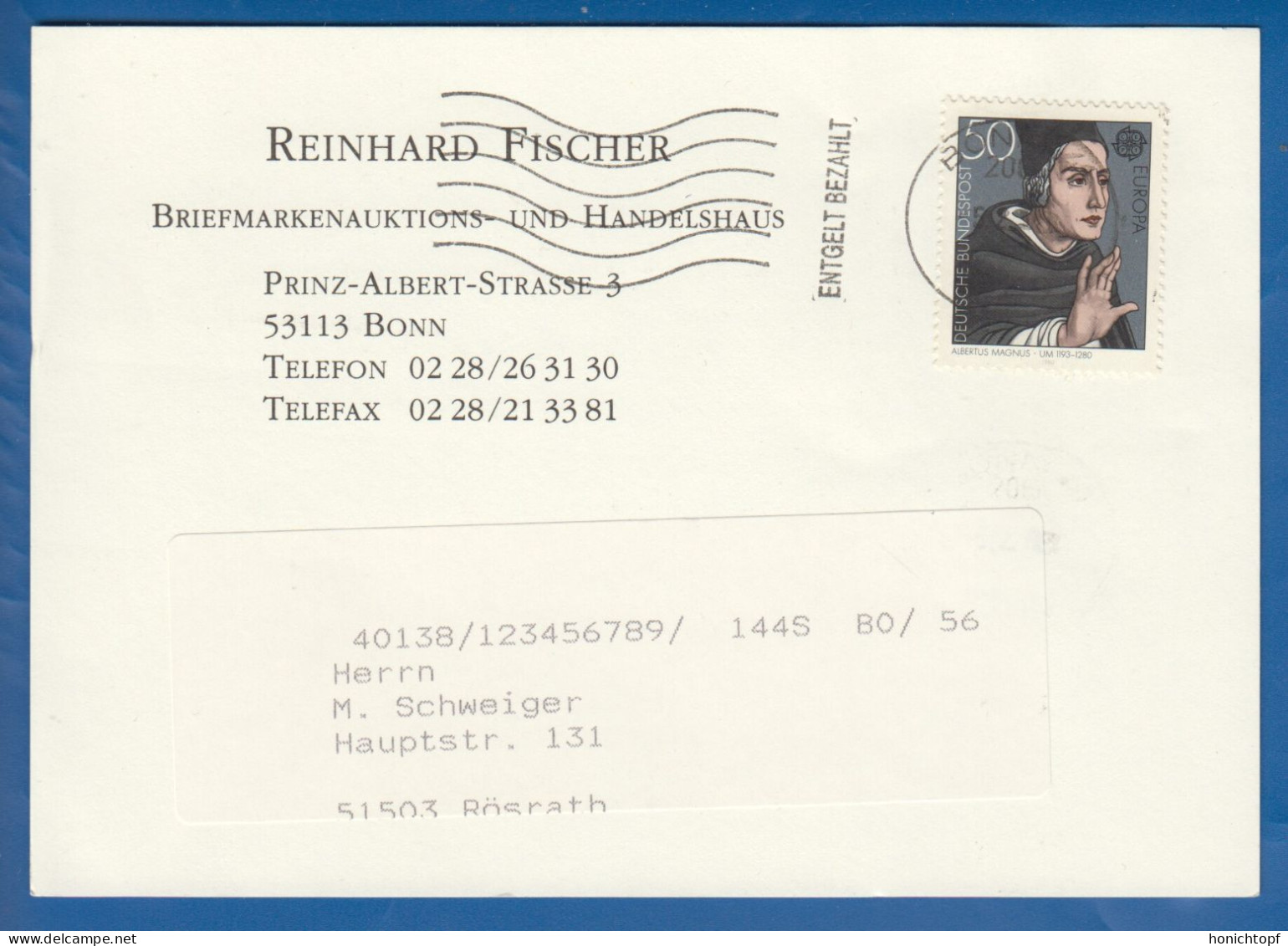 Deutschland; BRD; Postkarte 50 Pf, Albertus Magnus 1980; Briefmarkenauktion Fischer Bonn - Private Postcards - Used