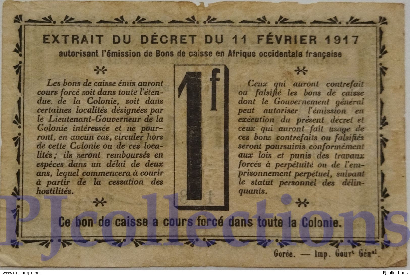 IVORY COAST 1 FRANCS 1917 PICK 2b AVF RARE - Elfenbeinküste (Côte D'Ivoire)