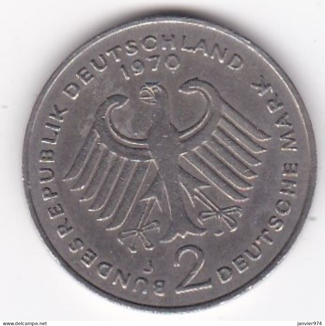 2 Deutsche Mark 1970 J HAMBOURG , Theodor Heuss , Cupronickel, KM# A127 - 2 Mark