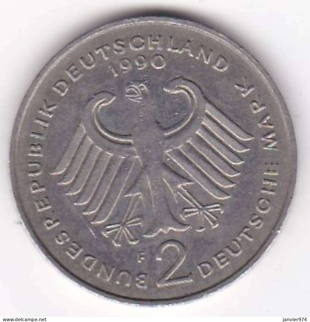 2 Deutsche Mark 1990 F STUTGART . Ludwig Erhard . Cupronickel. KM# 170 - 2 Marcos