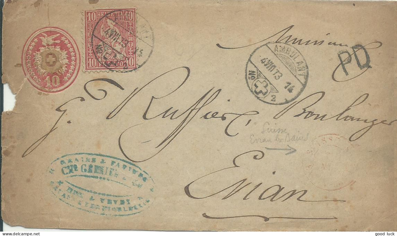 SUISSE ENTIER/ENVELOPPE 10c + 10c  AMBULANT N° 2  POUR EVIAN ( HAUTE SAVOIE ) AMBULANT N° 2 DE 1873  LETTRE COVER - Railway