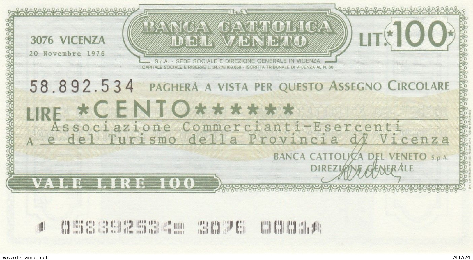 MINIASSEGNO BANCA CATTOLICA VENETO 100 L. ASS COMM VI (A227---FDS - [10] Checks And Mini-checks