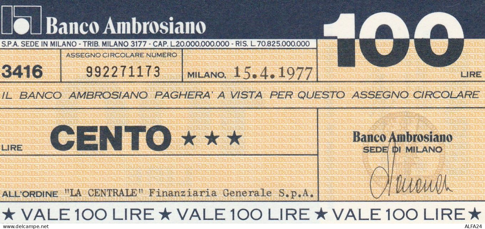 MINIASSEGNO BANCO AMBROSIANO 100 L. LA CENTRALE (A184---FDS - [10] Checks And Mini-checks