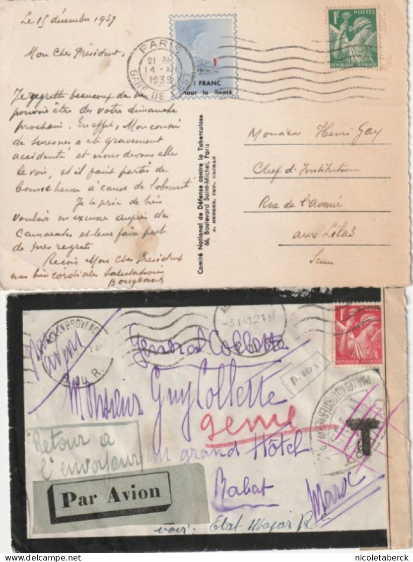 N°432 Sur Carte De Bienfaisance 14/10/39 Paris, N°433 Sur Lettre De Deuil  Par Avion Pour Le Maroc. Rare - 1939-44 Iris