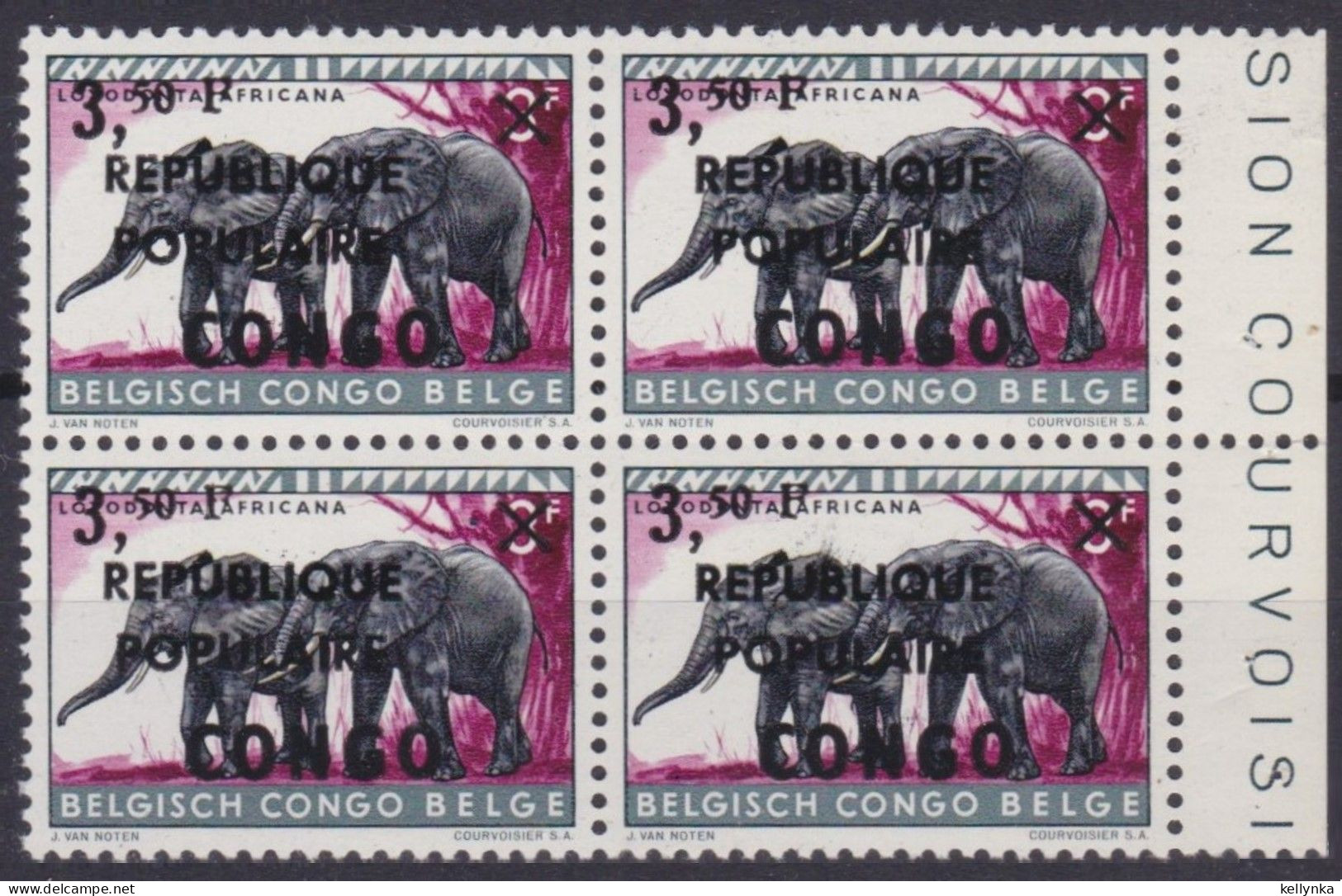 Belgian Congo - Katanga - Local Overprint - Stanleyville - 7 - Bloc De 4 - Elephant - MNH - Katanga