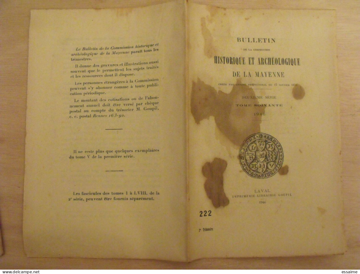 Bulletin Historique Et Archéologique De La Mayenne. 1946, Tome LX-221 à 223. Laval Chateau-Gontier. Goupil. - Pays De Loire