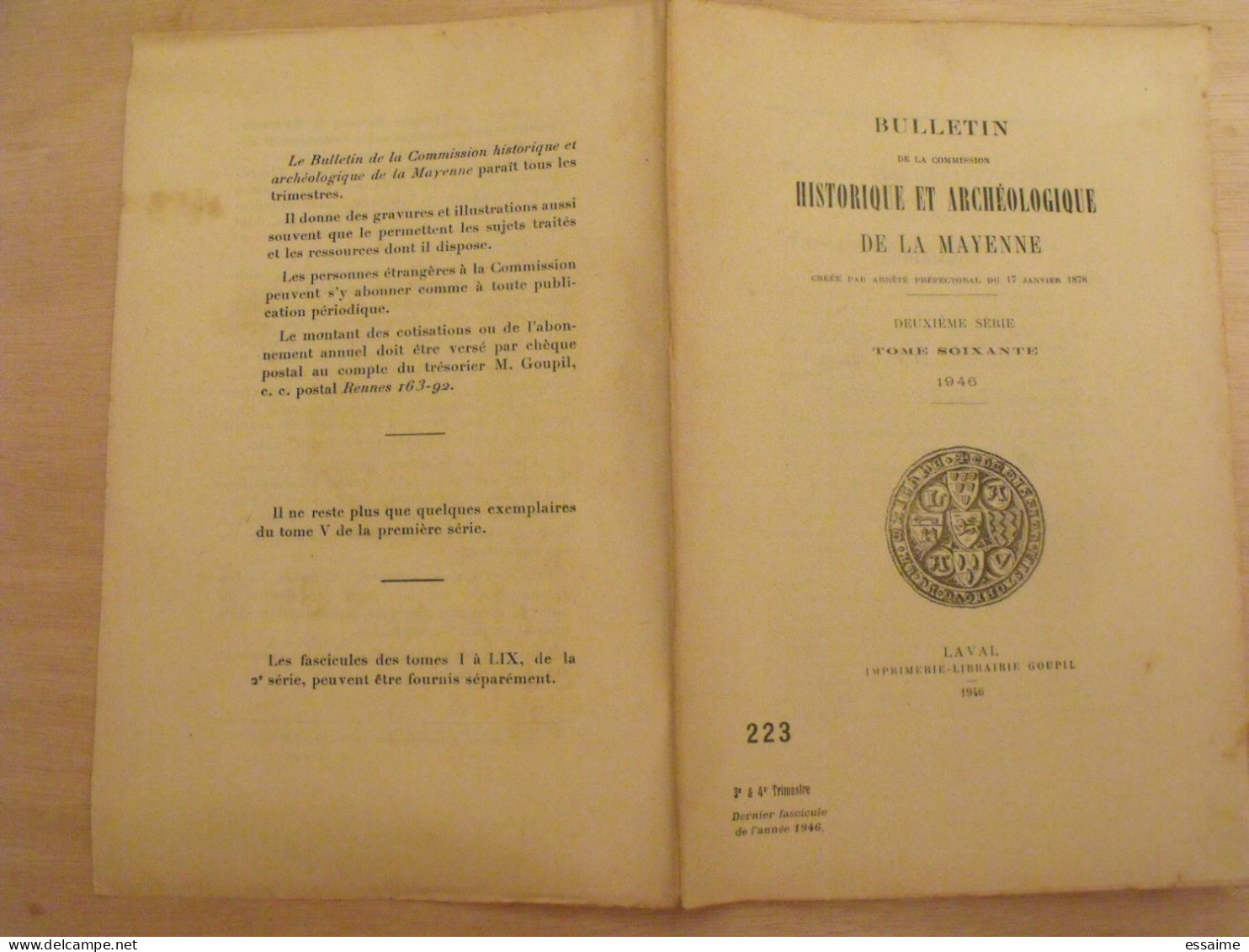 bulletin historique et archéologique de la Mayenne. 1946, tome LX-221 à 223. Laval Chateau-Gontier. Goupil.