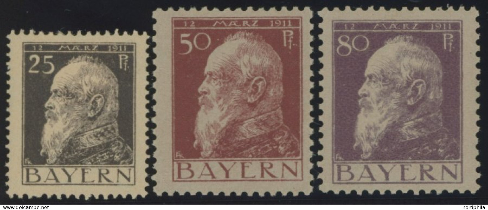 BAYERN 80,83,85I , 1911, 25, 50 Und 80 Pf. Luitpold, Type I, Falzrest, 3 Prachtwerte, Mi. 103.- - Postfris