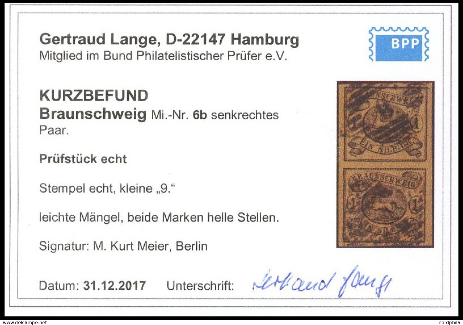 BRAUNSCHWEIG 6b Paar O, 1853, 1 Sgr. Schwarz Auf Braungelb Im Senkrechten Paar, Helle Stellen Sonst Breitrandig Pracht,  - Brunswick