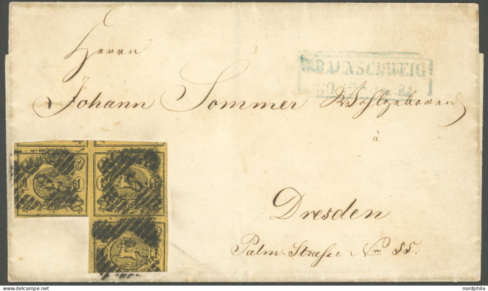 BRAUNSCHWEIG 6b BRIEF, 1853, 1 Sgr. Schwarz Auf Braungelb Im Dreierblock Mit Nummernstempel 9 Auf Brief Von BRAUNSCHWEIG - Brunswick