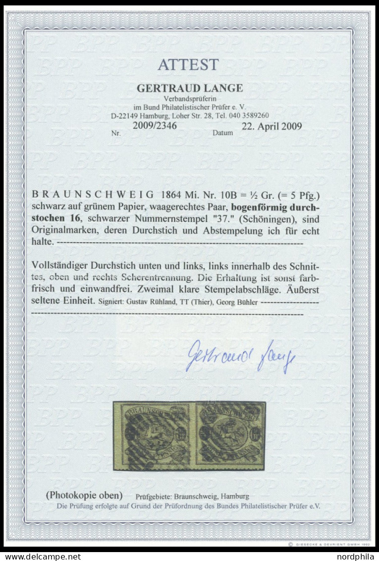 BRAUNSCHWEIG 10B Paar O, 1864, 1/2 Gr. Schwarz Auf Lebhaftgraugrün Im Waagerechten Paar, Bogenförmig Durchstochen 16, Nu - Brunswick