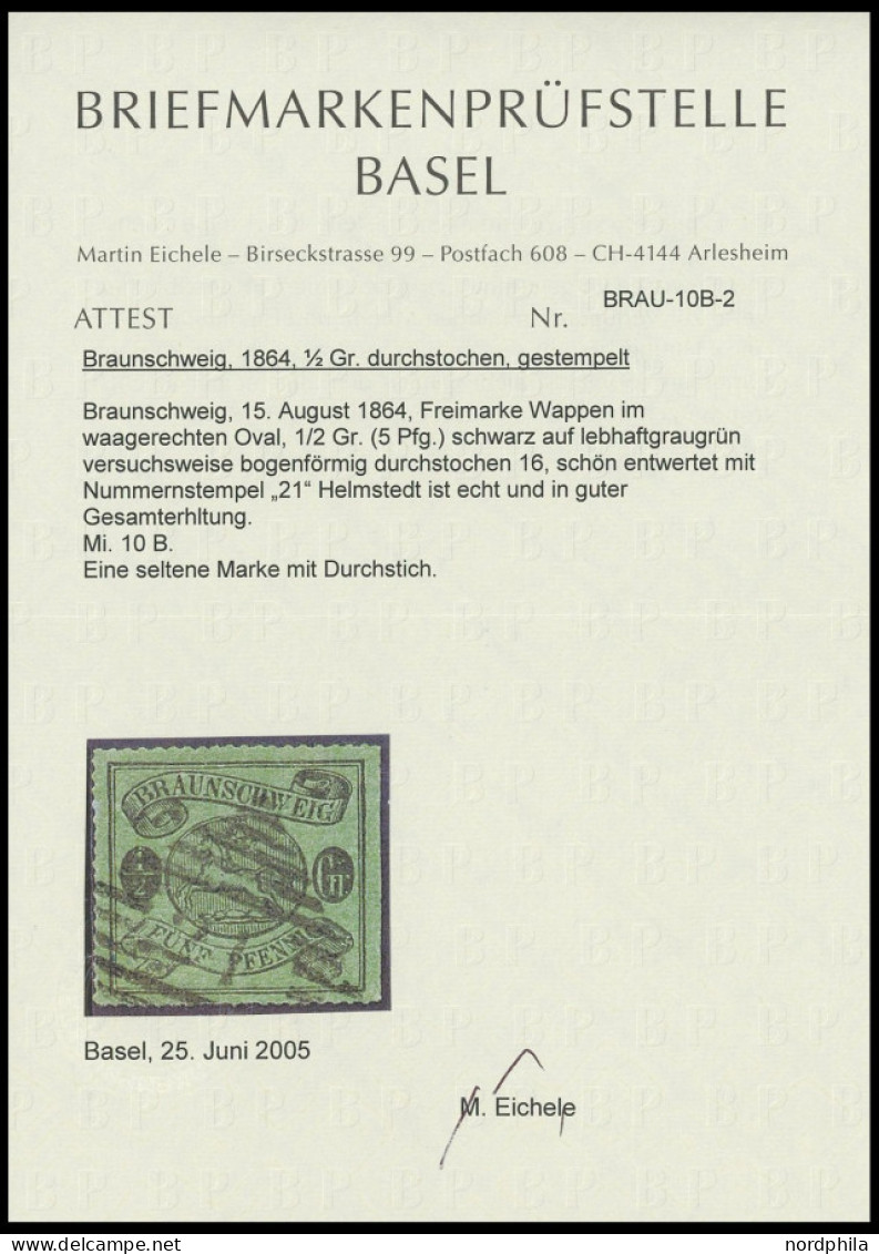 BRAUNSCHWEIG 10B O, 1864, 1/2 Gr. Schwarz Auf Lebhaftgraugrün, Bogenförmig Durchstochen 16, Nummernstempel 21 (Helmstedt - Brunswick