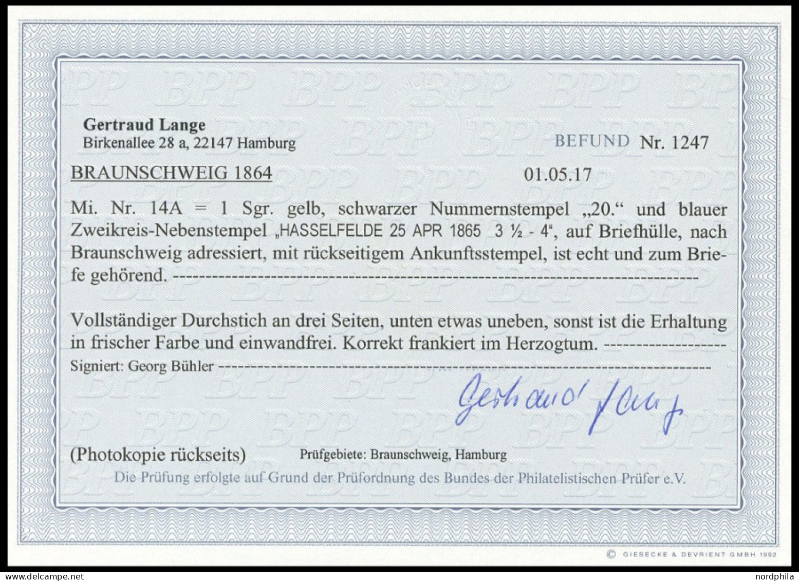 BRAUNSCHWEIG 14A BRIEF, 1865, 1 Sgr. Gelbocker, Durchstochen 16, Fast Allseits Vollständiger Durchstich, Auf Brief Mit N - Brunswick