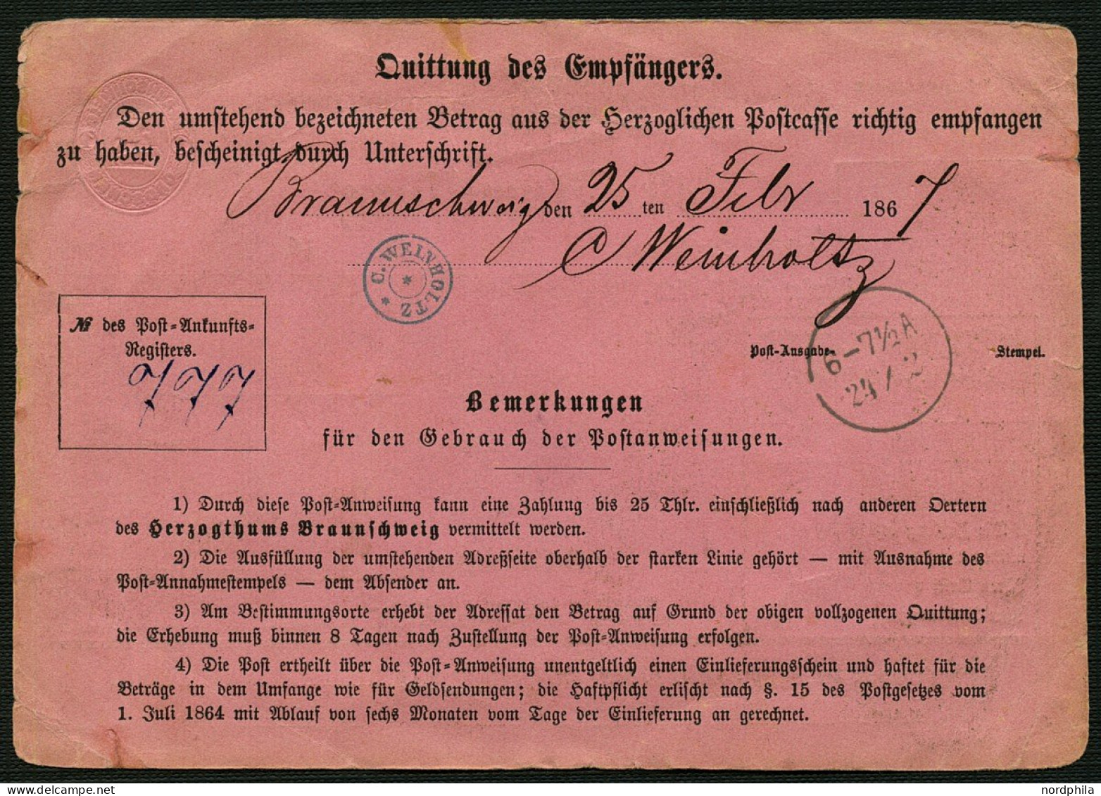 BRAUNSCHWEIG Braunschweig 1867, Postanweisung - Dienstformular In Rosa Mit Wertstempel 1 Groschen, A3, Type III/2, über  - Brunswick