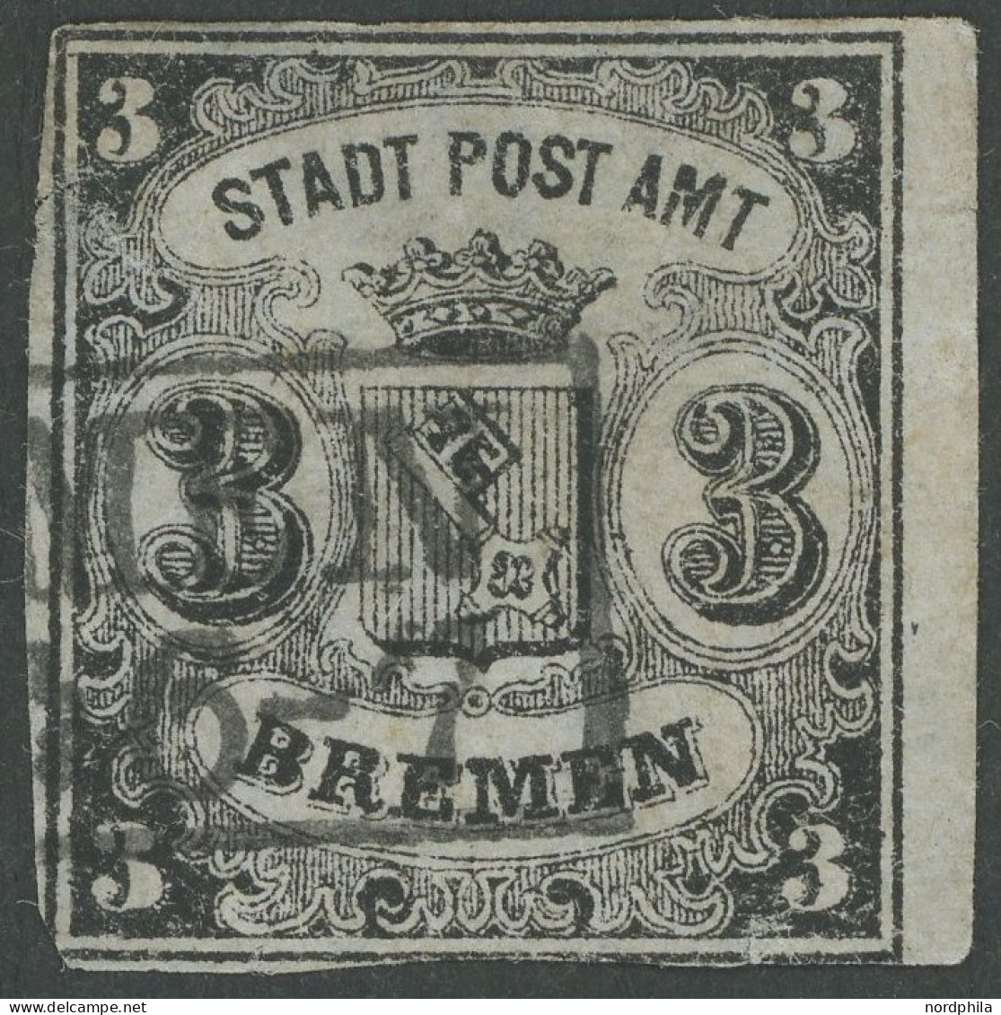 BREMEN 1x O, 1855, 3 Gr. Schwarz Auf Blaugrau, Senkrecht Gestreiftes Papier, Type II, Fein (Mängel), Kurzbefund Neumann, - Bremen